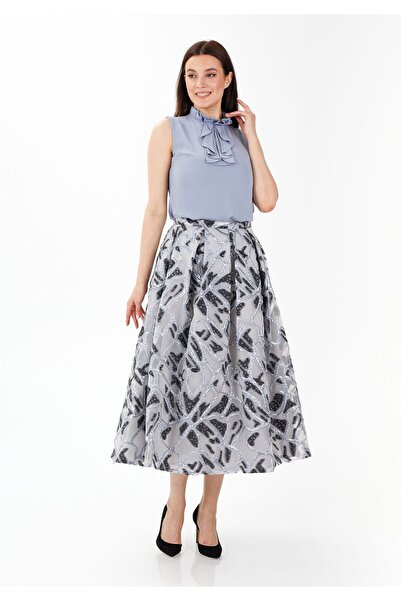 Guzella Patterned Glitter Organza - Silver-Grey Lined Midi Skirt