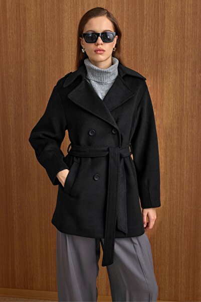 Olcay Epaulette Detailed Oversized Short Coat Black 3149