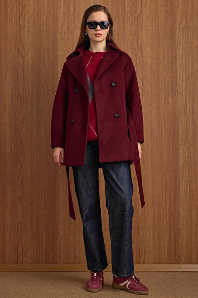Olcay Oversized Short Coat with Epaulet Detail Mürdüm 3149