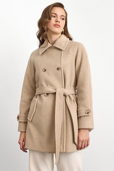 Olcay Reglan Sleeve Double Breasted Short Coat Stone 3150