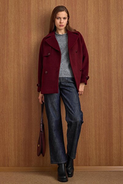 Olcay Double-Breasted Short Coat with Cape and Sleeve Pad Detail Mürdüm 3161