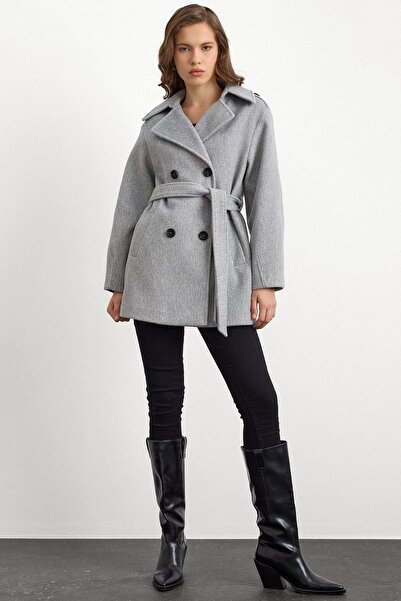 Olcay Oversize Short Coat with Epaulet Detail Light Gray 3149