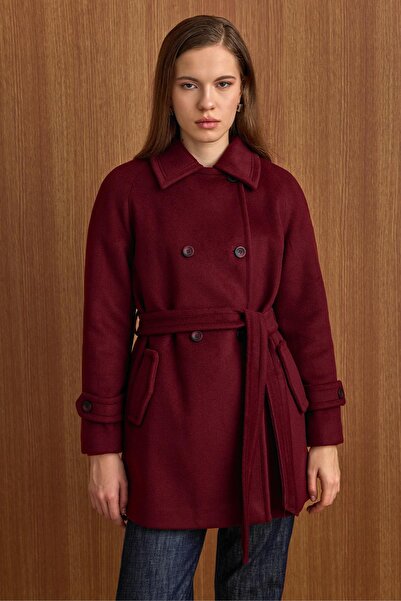 Olcay Reglan Sleeve Double-Breasted Short Coat Mürdüm 3150