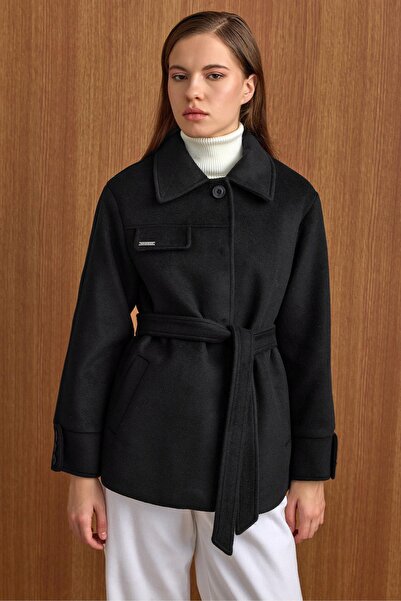 Olcay Shirt Collar Belt Detail Oversized Short Coat Black 3155