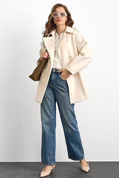 Olcay Oversize Short Coat with Epaulet Detail Ekru 3149