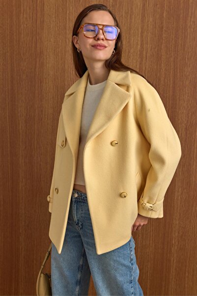 Olcay Double-Breasted Short Coat with Cape and Armlet Detail Yellow 3161