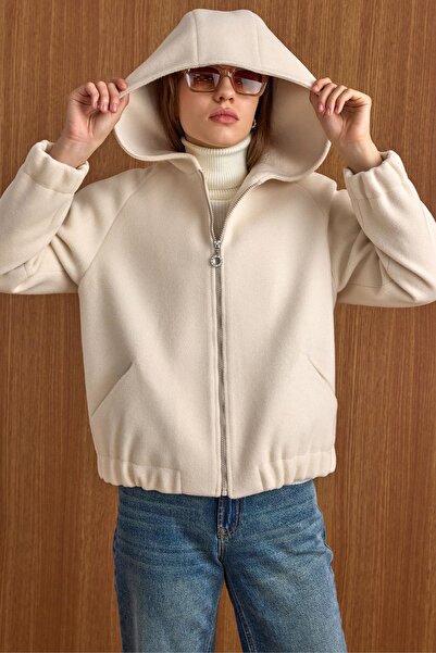 Olcay Hooded Buy Elasticated Oversized Short Coat Ecru 3162