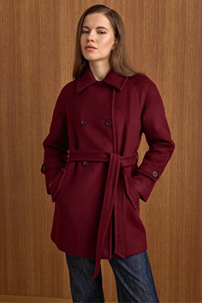 Olcay Reglan Sleeve Double-Breasted Short Coat Mürdüm 3150