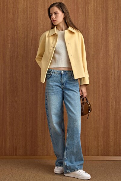 Olcay Snap Closure Pat Detailed Short Coat Yellow 3163