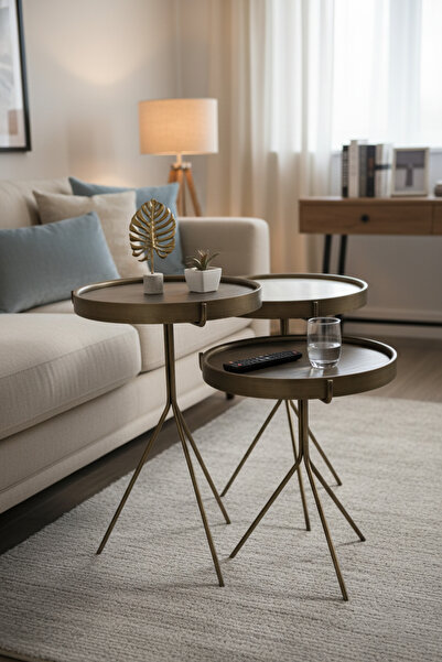 Vina Dekor 3’lü Yuvarlak Zigon Sehpa , Yan Sehpa Eskitme Metal Ayak , Ahşap Ü...