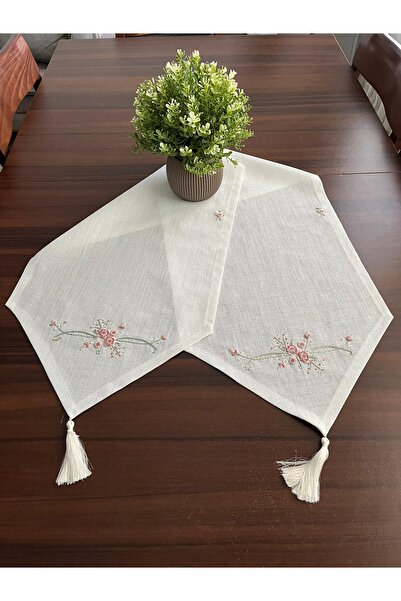 zeynmar Rococo Embroidered Linen Ecru Color Runner Table and Tv Console Cover