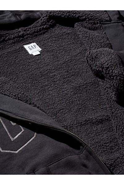 GAP Erkek Siyah Relaxed Logo Sherpa Astarlı Fermuarlı Sweatshirt