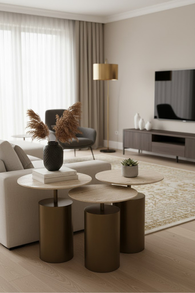 Vina Dekor 3’lü Zigon Sehpa , Yan Sehpa Eskitme Metal Ayak - Traverten Görünümlü Üst