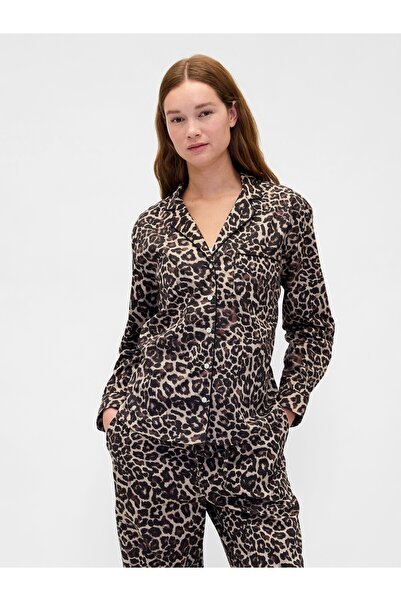 GAP Kadın Kahverengi Poplin Pijama Gömlek