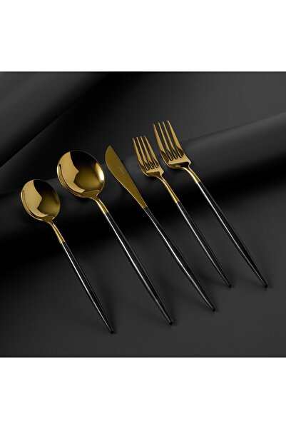 Jumbo Colors 6 Persons 30 Pieces Black Shiny Golden Cutlery Set 500.01.01.6420