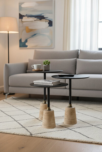 Vina Dekor 3'lü Zigon Sehpa , Yan Sehpa. Gerçek Traverten Ayak , Siyah Ahşap ...