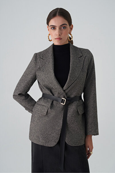 Dizayn Ella Siyah Süet Görünümlü Kuşaklı Kadın Blazer Ceket