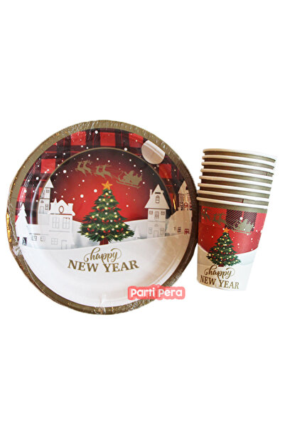 parti pera Yılbaşı Temalı Karton Tabak Bardak 8'li Parti Seti