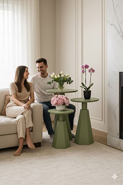 Home prenses ahşap altıgen ıhlamur yeşili boyalı vernikli yan sehpa orta sehpa