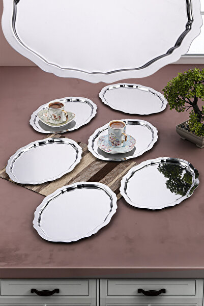 AHİR TİCARET 6 قطع صينية قهوة ومقدم بيضاوية مموجة سادة مقاس 20 سم × 25 سم