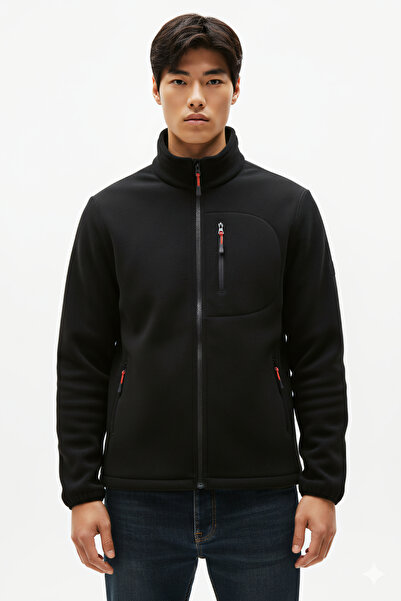 Kozik Men's Black Non-Pilling Mock Neck Standard Full Zip 3-Pocket Men's Fleece Cardigan