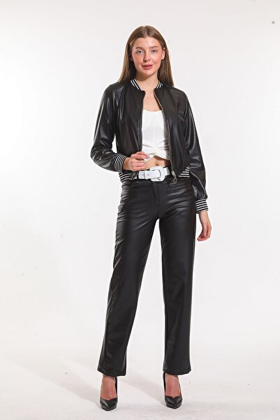 Sense Δερμάτινο παντελόνι με κουμπί και βελούδο με φερμουάρ |   Pnt33751 Μαύρο