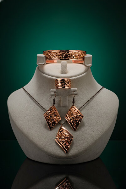 OSMANLI GÜMÜŞ Kadın Bakır Set - Bej Sonbahar Işıltısı Model Bakır Kadın Kolye Bileklik Yüzük Küpe Set