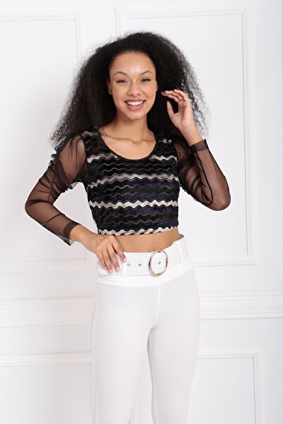 Sense Μπλούζα με μανίκια τούλι ριγέ βελούδο | Blz33256 Μωβ