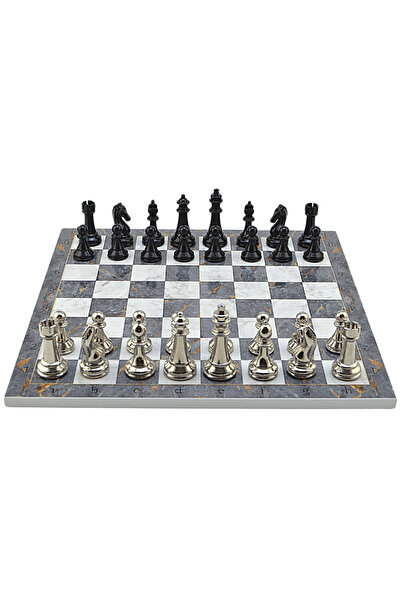 Gift Home GiftHome Premium Black Metal Klasik Satranç Takımı ve Gri Mermer De...