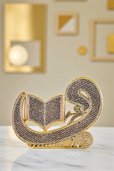 Güncel Vitrin Zirkon Taşlı Gold Vav&Yasin Kitabe Dekoratif Biblo 29*23 cm