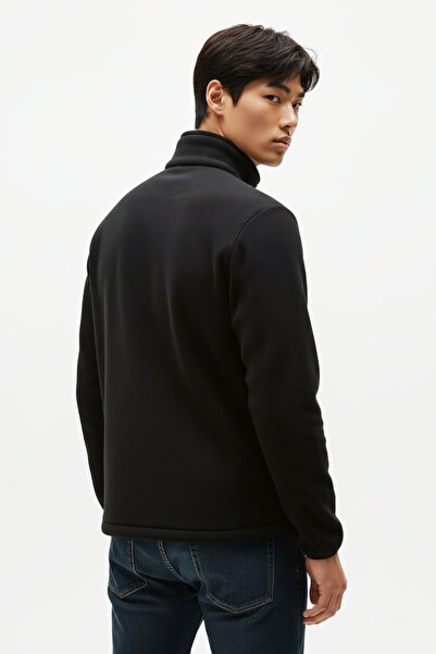 Kozik Men's Black Non-Pilling Mock Neck Standard Full Zip 3-Pocket Men's Fleece Cardigan