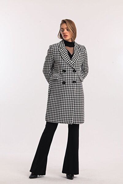Sense Lined Patterned Long Coat| Kbn33166 Black and White Goose Feet