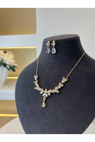 VİYA Lily Sarı-beyaz Altın Zirkon Taşlı Takı Seti Kolye Küpe Düğün Takı Seti