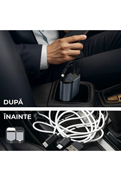 OEM Car Charger Fast Charging 4 in 1, 120W Power Delivery, Retractable Type-C & Lightning Cable