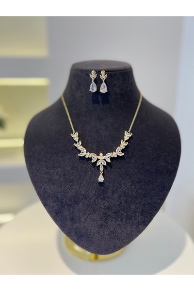 VİYA Lily Sarı-beyaz Altın Zirkon Taşlı Takı Seti Kolye Küpe Düğün Takı Seti