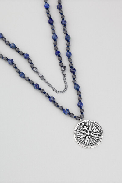 So CHIC... Jade ve Hematit Taşlı 80 Cm Gümüş Pusula Erkek Kolye