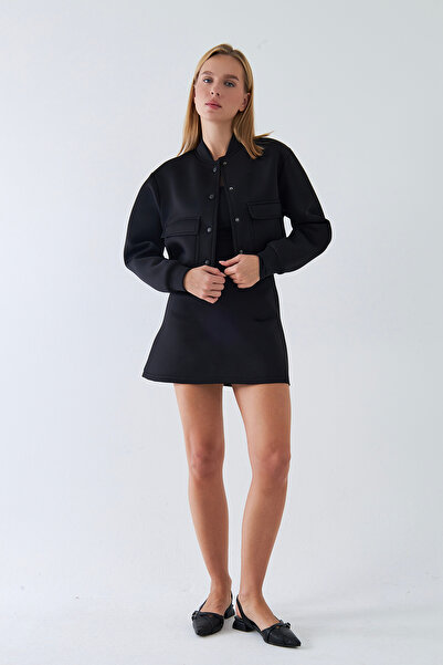 The Champ Clothing Women's Black Scuba Skirt Jacket Set – Thick Fabric, Non-See-Through, High Waist, with Closure and Pockets