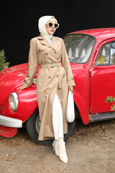 PİNK FLY 1. Kalite Kruvaze Yaka Astarlı Uzun Kadın Tesettür Trençkot Vizon