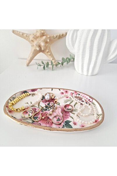Liryo Candles Decorative tray, candle/jewelry holder, hand-cast from marble dust, 19 cm, Flowers pattern