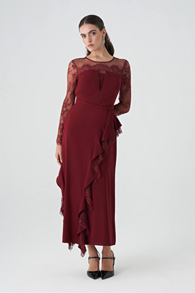 Dizayn Ella Dantel garnili volanlı krep elbise EL-4396