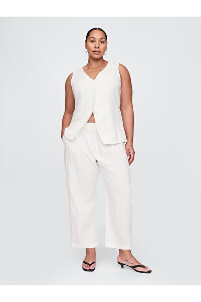 GAP Kadın Beyaz Mid Rise Keten Karışımlı Barrel Pantolon