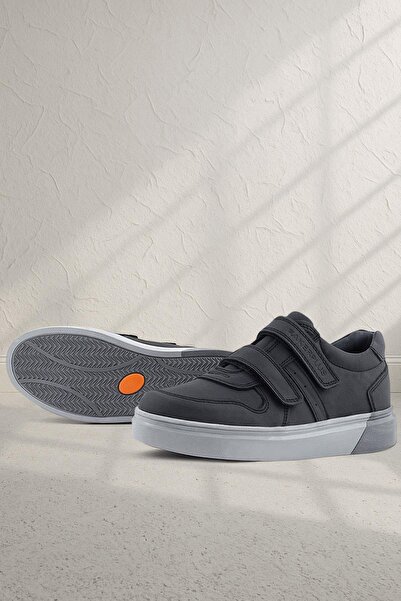 Rakerplus Genuine Leather Black Skin Gray Sole Velcro Boys Sneaker