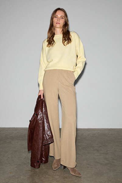 GRIMELANGE Freda Women's Thick Interlock Fabric Flare Leg Ribbed Front Elastic Waist Beige Pants