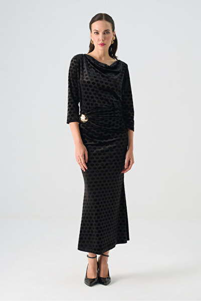 Dizayn Ella Degaje Yakalı Beli Aksesuarlı Kadife İkili Takım EL-2772