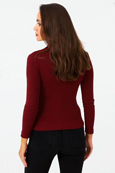 Cool & Sexy Women's Burgundy Snap Fastener Ribbed Knit Blouse Ey2983