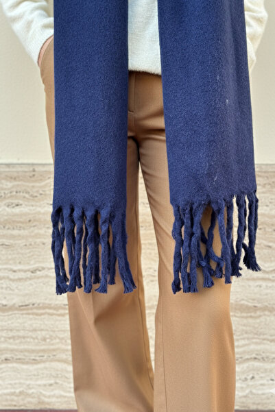 novon Χειμερινό σάλι/κασκόλ Klein Soft Touch με λεπτομέρεια από μαλλί με υφή Premium Navy Blue με κρόσσια (195 x 45 cm)