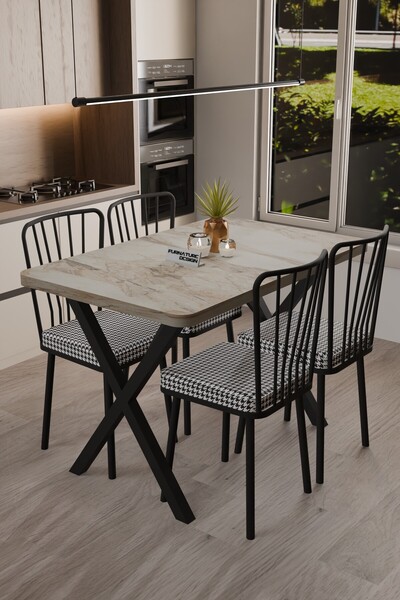 FurnatureDesign Yemek Masası Takımı X Ayaklı Çift Kalınlık Yemek Masası 70x110 + 4 Adet Sandalye - Efes