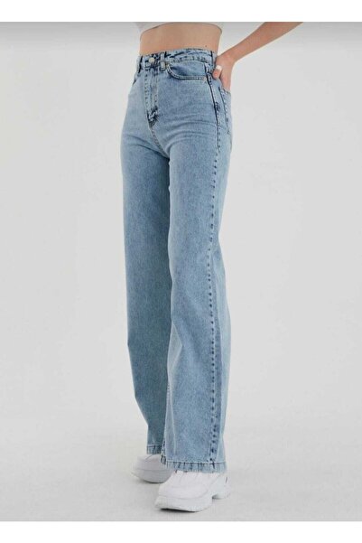 Livik Τζιν Palazzo 90's με Καρ Υφάσμα, Μπλε Χρώμα, Σούπερ Ψηλόμεσο και Φαρδιά Μπατζάκια.