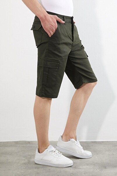 Serseri Erkek Haki Renk Kargo Yandan Cepli Esnek Kumaş Slim Fit Kapri Şort