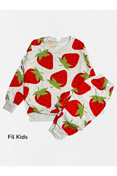 Fil Kids Детски памучен комплект пижама с дълги ръкави, сив цвят и ягодов мотив